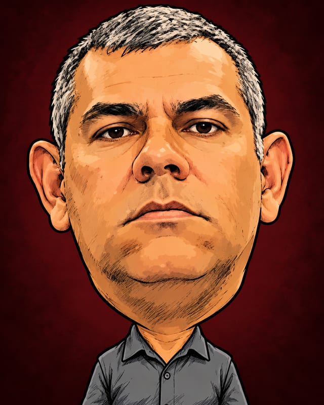 Caricatura de Giancarlo Gomes Rodrigues gerada por IA (não é fotografia)