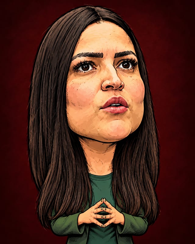 Caricatura de Karina Ferreira da Gama gerada por IA (não é fotografia)