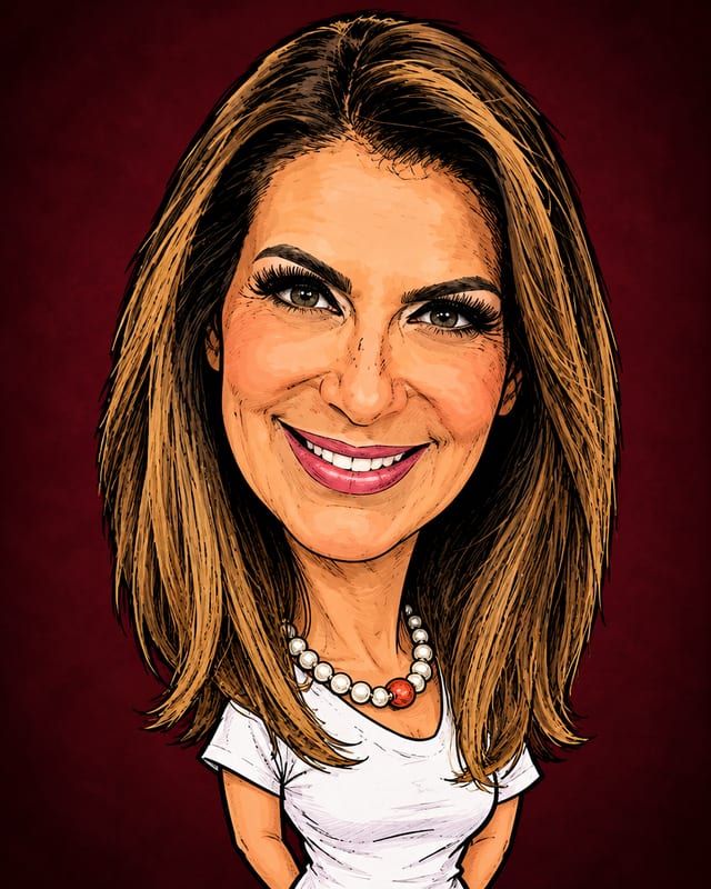 Caricatura de Sônia Hernandes gerada por IA (não é fotografia)