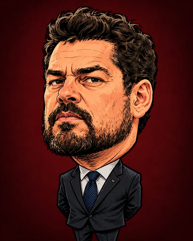Caricatura de Paulo Figueiredo gerada por IA (não é fotografia)